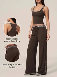 Easithlete Easithlete Patchwork Leopard Print Women's Tank Top And Pants Sports Set - Brown - View 1