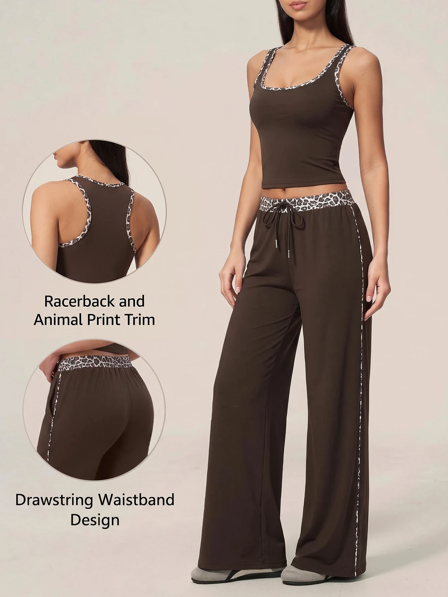 Easithlete Easithlete Patchwork Leopard Print Women's Tank Top And Pants Sports Set - Brown - View 1