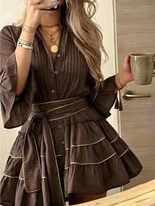 Cévolie 女款時尚休閒優雅浪漫度假印花鈕扣洋裝 - 咖啡 - 查看 1