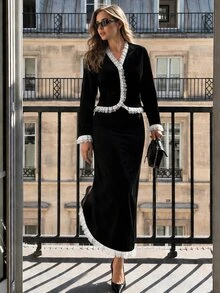 SHEIN PariChic 秋冬優雅女款套裝，天鵝絨外套&黑色蕾絲裙套裝，正式商務、派對婚禮、生日、萬聖節、節慶、外出、畢業 - 黑色 - 查看 3