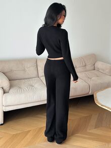 Autumina Women's Sexy Fashion 2 Pieces Set Cute Casual Versatile Cardigan Loose Fit Daily Commute Sweater Pants - Black - View 2