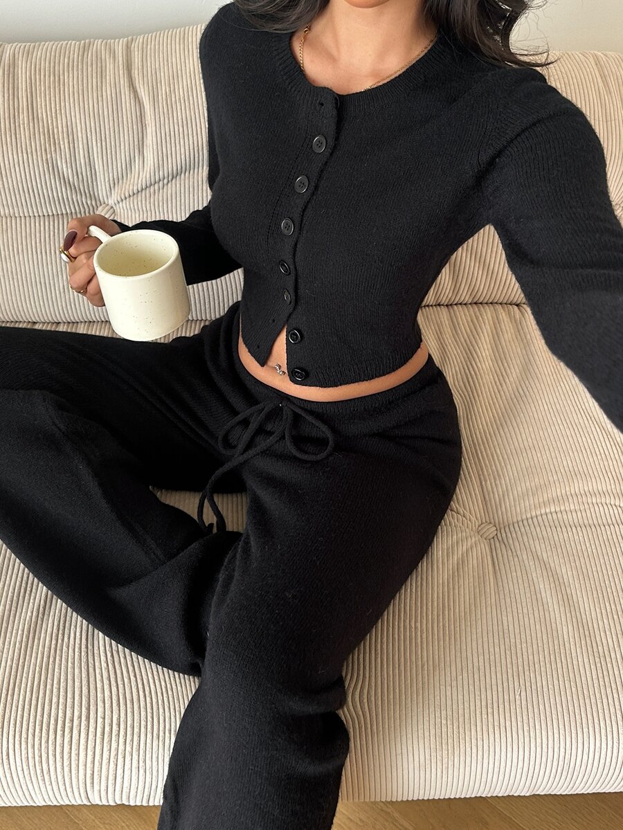 Autumina Women's Sexy Fashion 2 Pieces Set Cute Casual Versatile Cardigan Loose Fit Daily Commute Sweater Pants - Black - View 1