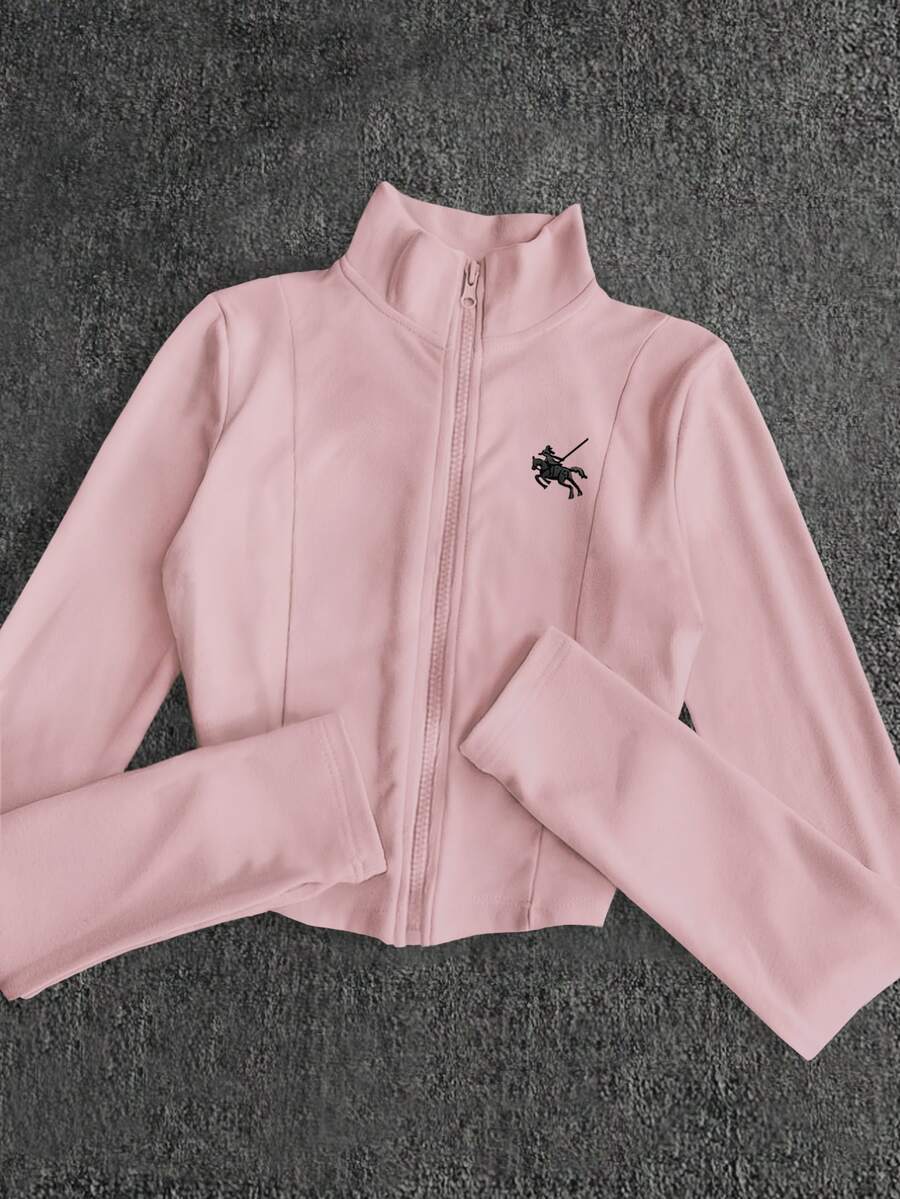 INAWLY 女士 Polo 图案抓绒外套,街头休闲运动拉链修身长袖外套,适合户外活动和旅行,秋冬季 - 淺粉色 - 查看 1