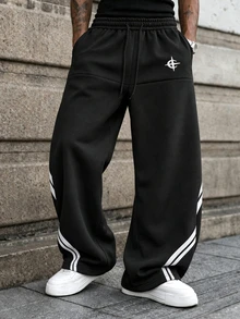 PAVTROS Men's Streetwear White Line Patchwork 3D Foam Sweatpants, Boyfriend/Husband Gift, Anniversary Gift, Goth - Black - View 1