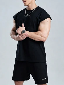 Gym Rark Reflective Line Minimalist Print Fitness Sleeveless Tank Top Men's Sports Muscle Training Running Loose Fit T-Shirt, Gym,Feel,Sporty Style - Black - View 4
