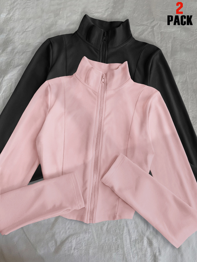 IslaSuriya Women's 2‑Pack Lightweight Zip‑Up Crop Jacket, Long‑Sleeve With Thumb Holes, Stand‑Collar Fitted Sport Jacket, Black & Pink