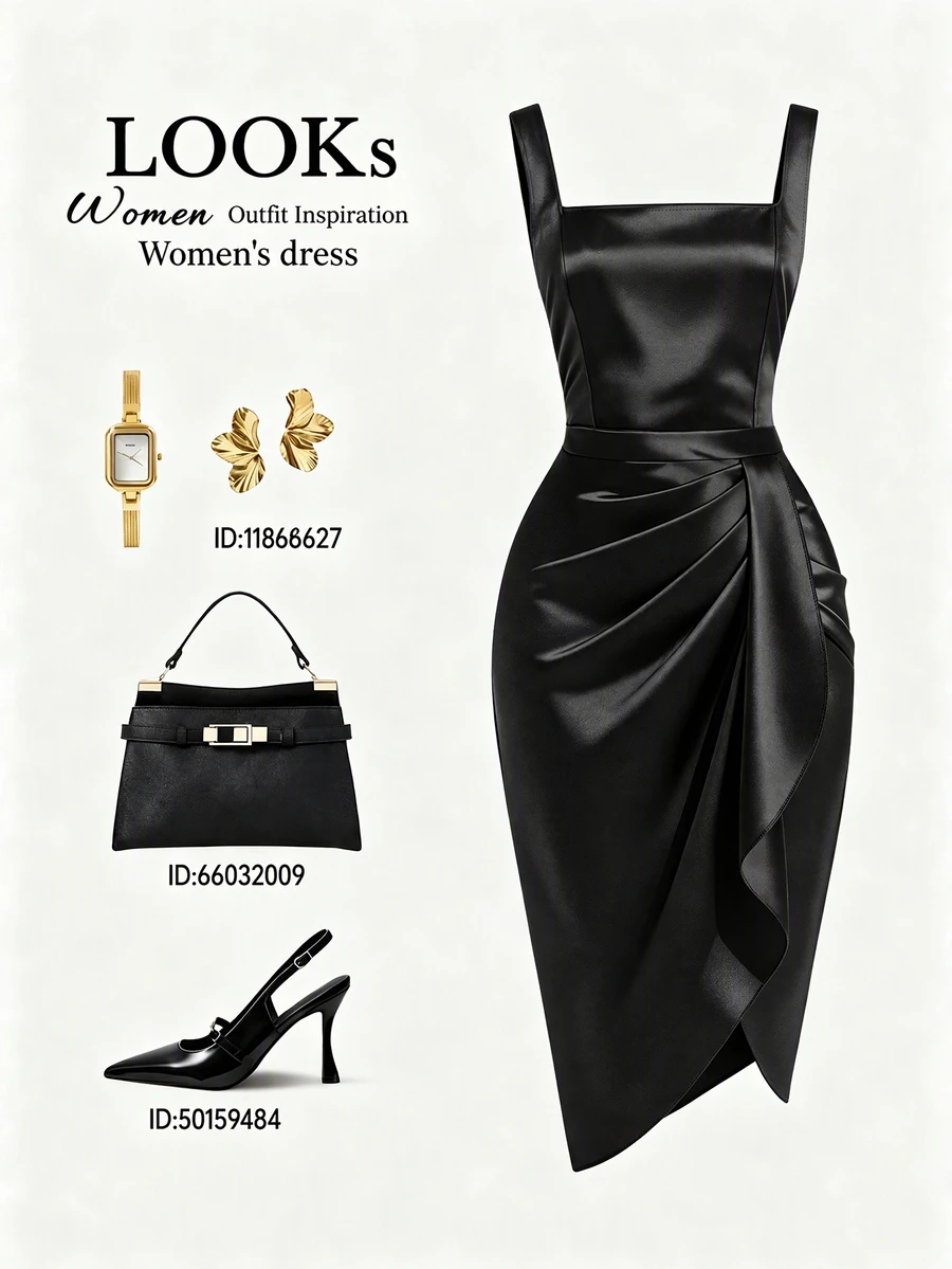 SHEIN Franclia Women Black All Season Midi Dress Elegant Satin Square Neck Ruched Waist Asymmetrical Hem Cami Dress For Party Dating - Black - View 1