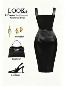 SHEIN Franclia Women Black All Season Midi Dress Elegant Satin Square Neck Ruched Waist Asymmetrical Hem Cami Dress For Party Dating - Black - View 2