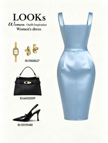 SHEIN Franclia Women Light Blue All Season Midi Dress Elegant Satin Square Neck Ruched Waist Asymmetrical Hem Cami Dress For Party Dating - Blue - View 2