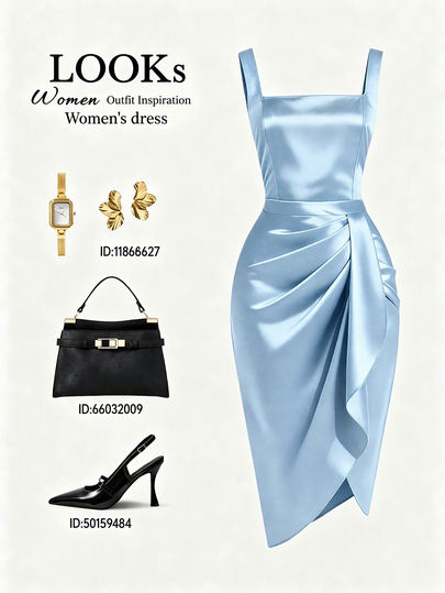 SHEIN Franclia Women Light Blue All Season Midi Dress Elegant Satin Square Neck Ruched Waist Asymmetrical Hem Cami Dress For Party Dating