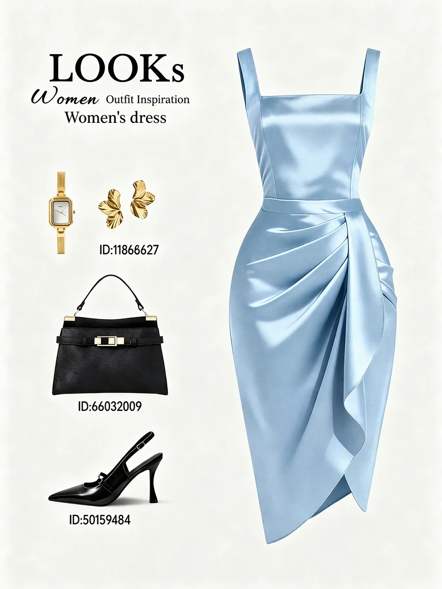 SHEIN Franclia Women Light Blue All Season Midi Dress Elegant Satin Square Neck Ruched Waist Asymmetrical Hem Cami Dress For Party Dating - Blue - View 1