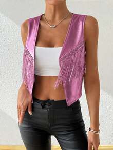 SHEIN Unity Women's Tassel Design Casual Versatile Daily Wear Jacket - Pink - View 6
