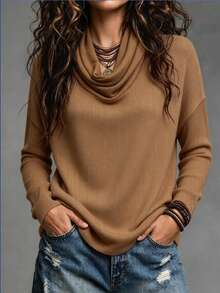SHEIN LUNE Fall Clothes For Women Camel Cowl Neck Long Sleeve Loose Fit Soft Knit Pullover Top - Yellow - View 5