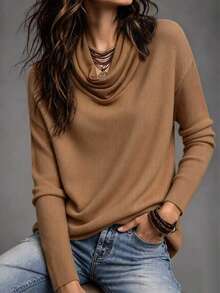 SHEIN LUNE Fall Clothes For Women Camel Cowl Neck Long Sleeve Loose Fit Soft Knit Pullover Top - Yellow - View 1
