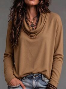 SHEIN LUNE Fall Clothes For Women Camel Cowl Neck Long Sleeve Loose Fit Soft Knit Pullover Top - Yellow - View 6
