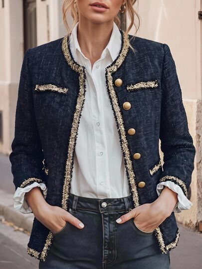 Faunlyn Giacca elegante da donna con vestibilità regolare, maniche lunghe, monopetto, con bordo intrecciato, blu navy, per l'ufficio, autunnale