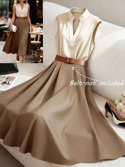 GlowEve Gaun Kemeja Tanpa Kerah Elegan Warna Beige untuk Musim Panas, Siluet A-Line dengan Leher V dan Blok Warna, Pinggang Ramping, Gaun Midi Tanpa Lengan Gaya Retro Chic Prancis untuk Musim Gugur