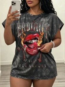 Slaydiva 秋季新款修身街頭休閒性感圓領無袖唇印花T恤，適合聖誕節、新年、情人節、派對、優雅約會等場合 - 深灰色 - 查看 3