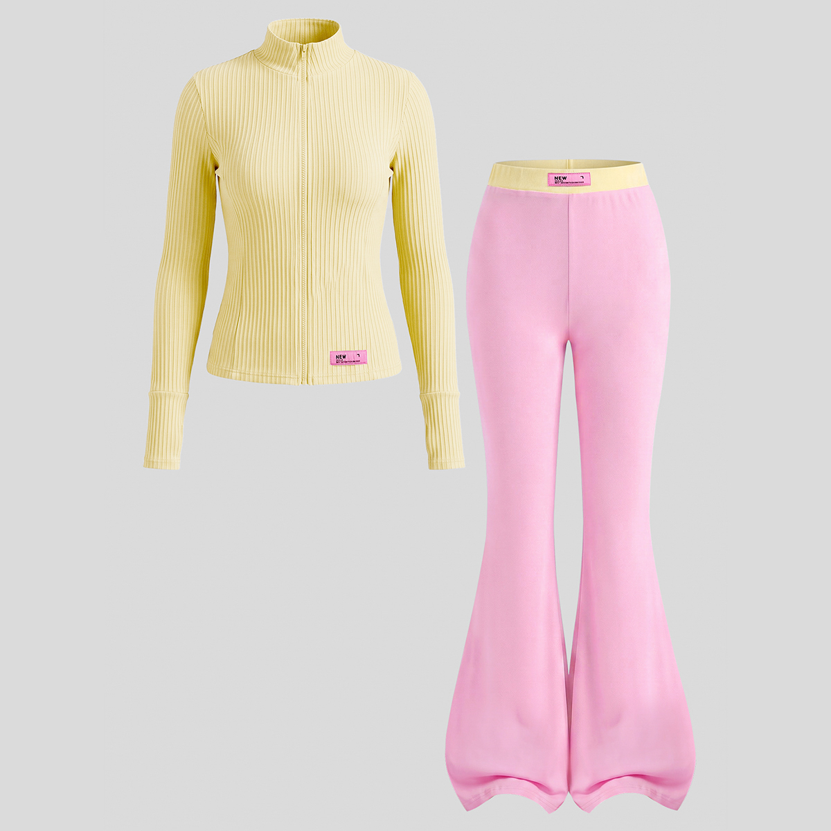 Teen Girl Teen Girls Stand Collar Zipper Solid Yellow Long Sleeve Top And Color Block Pants 2pcs Set