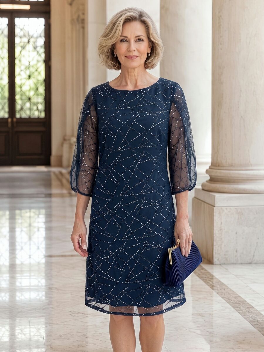 EMERY ROSE Women's Sequin Dress, Mesh Patchwork, Navy Blue, Loose Straight Fit, Round Neck, Wedding Formal Senior Guest, Party Autumn Elegant Celestial Casual - Navy Blue - View 1