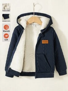 SHEIN 男童休閒幾何圖案布料字母貼布連帽拉鍊長袖運動衫，保暖內裡，舒適極簡，秋冬款 - 藏蓝色 - 查看 5