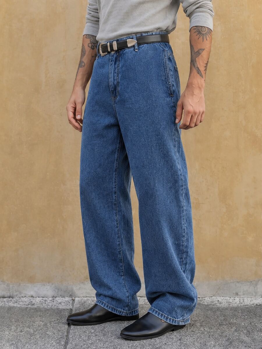 RivetRise Men's High-Quality Washed Blue Denim Jeans, Versatile Retro Loose Fit Long Pants - Medium Wash - View 1