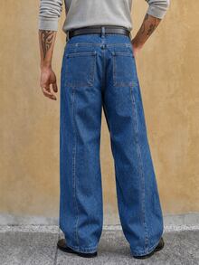 RivetRise Men's High-Quality Washed Blue Denim Jeans, Versatile Retro Loose Fit Long Pants - Medium Wash - View 2