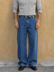RivetRise Men's High-Quality Washed Blue Denim Jeans, Versatile Retro Loose Fit Long Pants - Medium Wash - View 3