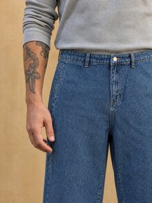 RivetRise Men's High-Quality Washed Blue Denim Jeans, Versatile Retro Loose Fit Long Pants - Medium Wash - View 5