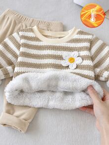 Elladie kids 2件組女嬰春秋咖啡色與白色拼接韓式甜美風 3D花朵拼接波浪條紋圓領長袖上衣與純色修身長褲套裝，寬鬆短版，適合日常外出、春季戶外活動、1歲生日拍照、家庭聚會、休閒旅行 - 彩色 - 查看 1