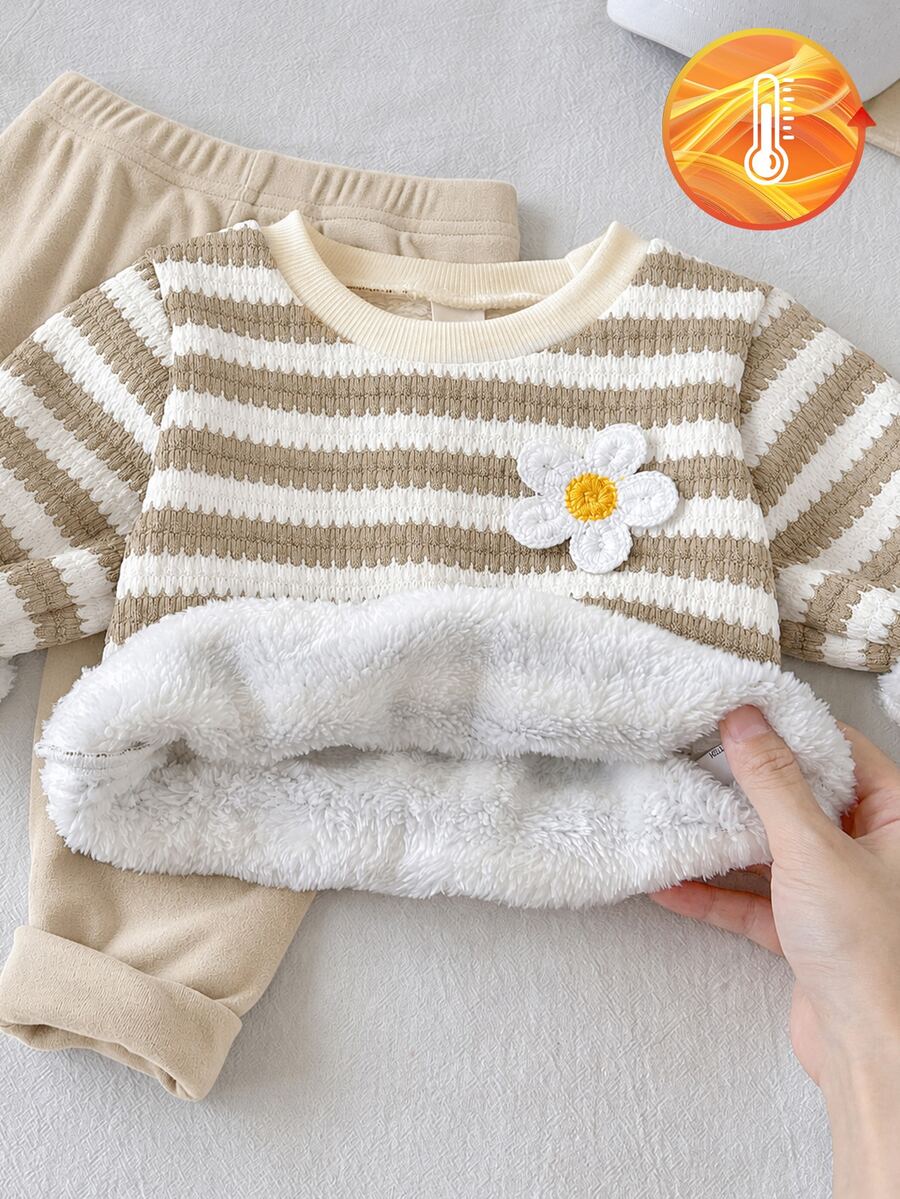 Elladie kids 2件組女嬰春秋咖啡色與白色拼接韓式甜美風 3D花朵拼接波浪條紋圓領長袖上衣與純色修身長褲套裝,寬鬆短版,適合日常外出、春季戶外活動、1歲生日拍照、家庭聚會、休閒旅行 - 彩色 - 查看 1