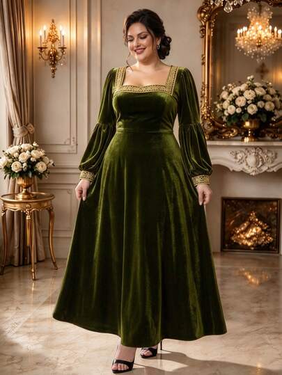 Rometta Plus Size Women's Elegant 1920s Vintage Slim Fit Olive Green Lace Patchwork Velvet Long Sleeve Square Neck Long Dress Party Dinner Wedding Midi