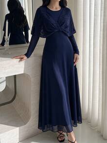 Graceveil Navy Blue Lace Twisted Shawl Style 2 In 1 Long Sleeve Evening Gown - Royal Blue - View 9