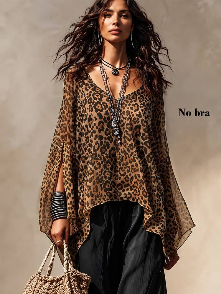 SHEIN New Women's Leopard Print Versatile Slimming Split Sleeve Fashion Shirt - Coffee Brown - View 1