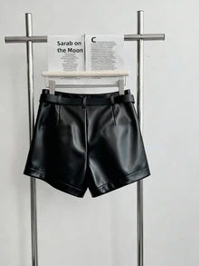 INAWLY Women's Pocket PU Leather Fashionable Versatile Commuting Party Shorts - Black - View 2