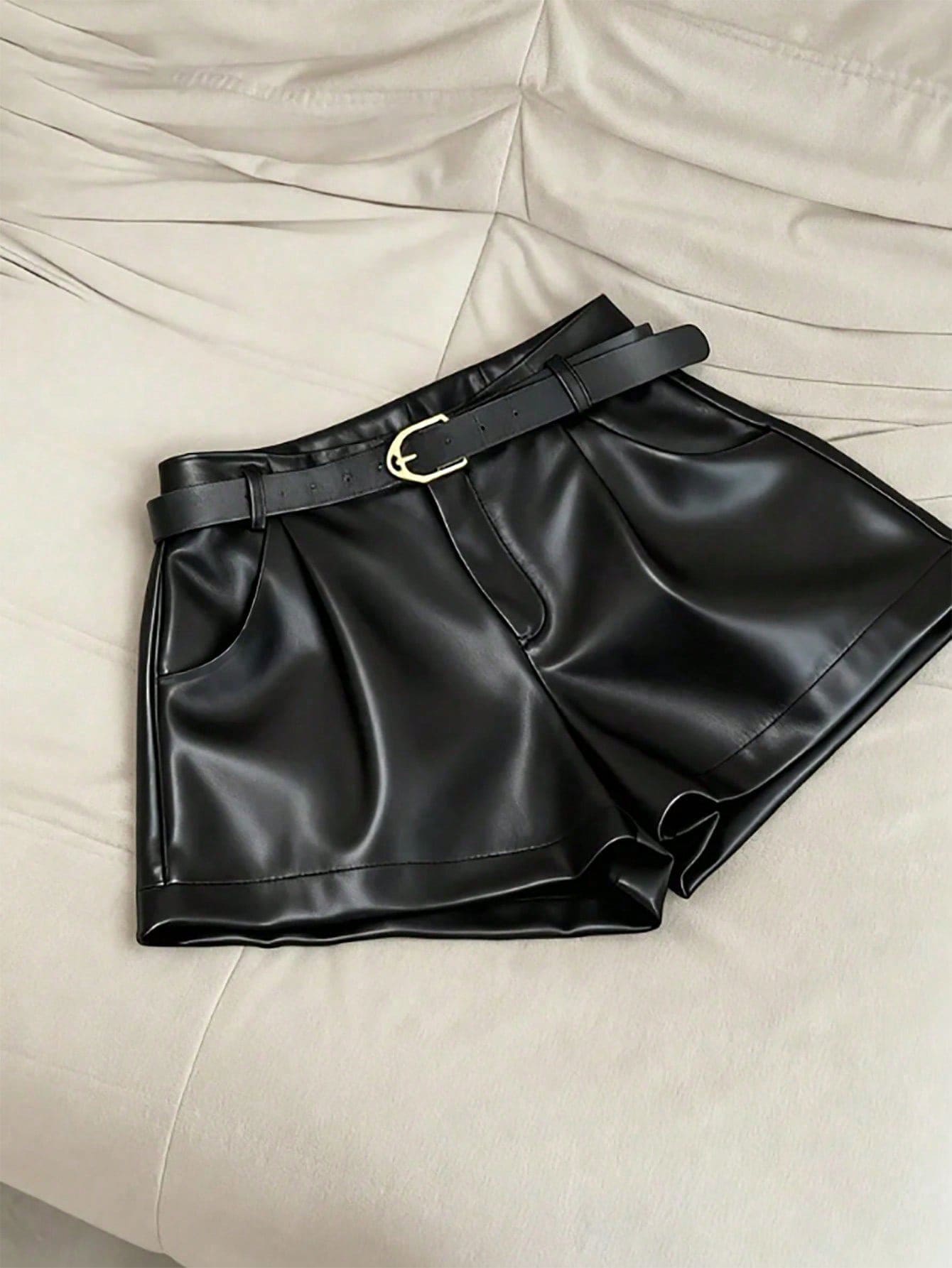 INAWLY Women's Pocket PU Leather Fashionable Versatile Commuting Party Shorts - Black - View 1