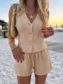 Pariaura Women's Casual Elegant Beige Boho Waffle Knit Sleeveless V-Neck Button Vest Drawstring Shorts Two Pieces Set Suitable For Daily Waer Commute Outfit - Khaki - View 1