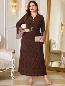 Reflora Vestido de fiesta de noche elegante de invierno color marrón con botones de perlas falsas estilo francés de encaje talla grande - Marrón - Ver 6