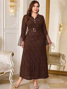 Reflora Vestido de fiesta de noche elegante de invierno color marrón con botones de perlas falsas estilo francés de encaje talla grande - Marrón - Ver 10