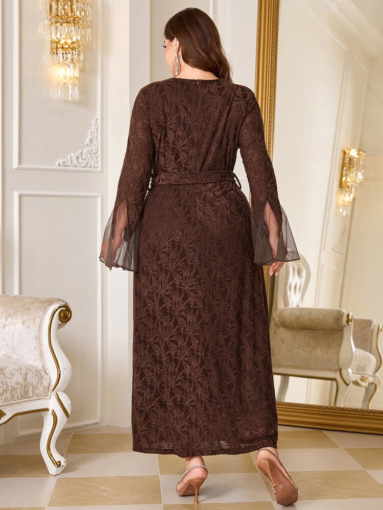 Reflora Plus Size Lace French Style Faux Pearl Button Party Dress - Brown - View 9