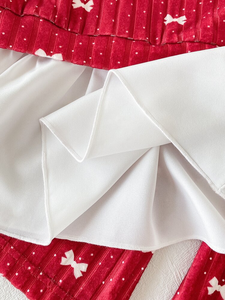 Playful Pals 2pcs Toddler Girl Blouse Bell Bottom Set Sweet Elegant Red White Bow Dot Print Ruffle Hem Long Sleeve Peter Pan Collar Party Fall Wedding Guest Outfit - Burgundy - View 7