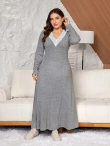 Lacomfia Plus Size Women's Loose Casual Autumn A-Line V-Neck Ribbed Knit Textured Fabric Long Dress - Grey - View 8