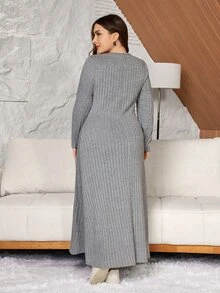 Lacomfia Plus Size Women's Loose Casual Autumn A-Line V-Neck Ribbed Knit Textured Fabric Long Dress - Grey - View 2