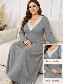 Lacomfia Plus Size Women's Loose Casual Autumn A-Line V-Neck Ribbed Knit Textured Fabric Long Dress - Grey - View 3