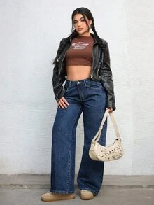 Jeanoix Plus Size Y2K Casual Vintage Washed Low-Rise Baggy Jeans Everyday Navy Blue Winter - Dark Wash - View 6