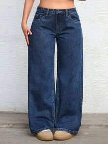 Jeanoix Plus Size Y2K Casual Vintage Washed Low-Rise Baggy Jeans Everyday Navy Blue Winter - Dark Wash - View 1
