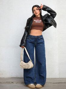 Jeanoix Plus Size Y2K Casual Vintage Washed Low-Rise Baggy Jeans Everyday Navy Blue Winter - Dark Wash - View 3