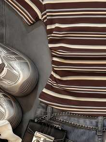 IslaSuriya Women's Summer Casual Striped Asymmetric Neck T-Shirt - White - View 3