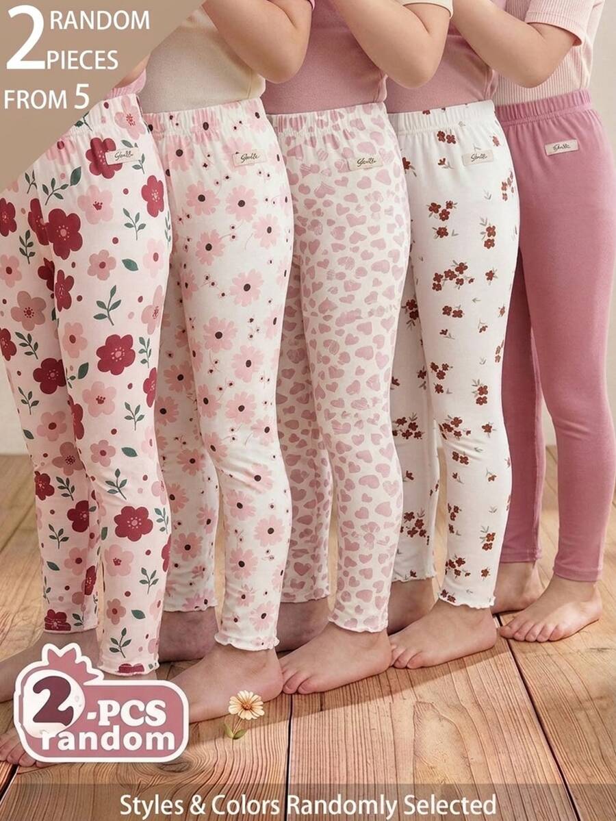 SHEIN 5pcs Randomly Sent 2pcs Spring Summer All Season Girls Floral Sweet Cute Versatile Soft Comfortable Ribbed Ribbed Knit Leggings Multi-Piece Set - Multicolor - View 1