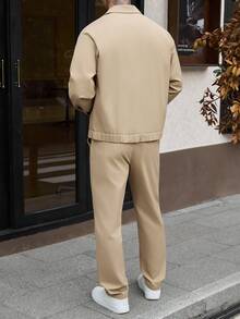 Manfinity CasualCool 男士純色長袖夾克與抽繩鬆緊腰長褲套裝，適合正式街頭風或休閒場合，卡其色秋季 - 卡其色 - 查看 2